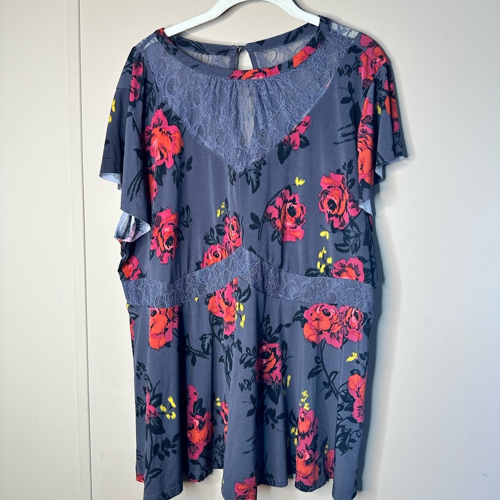 Torrid Floral Lace Trim Blouse - Blue and Red
